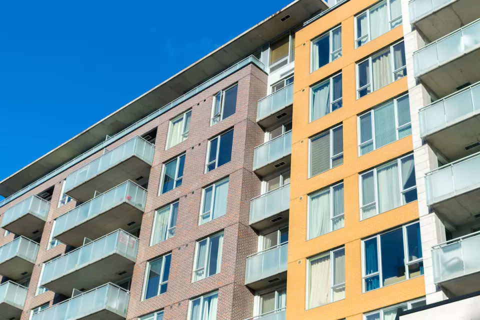 View of colorful apartment building facade in Montreal, Canada